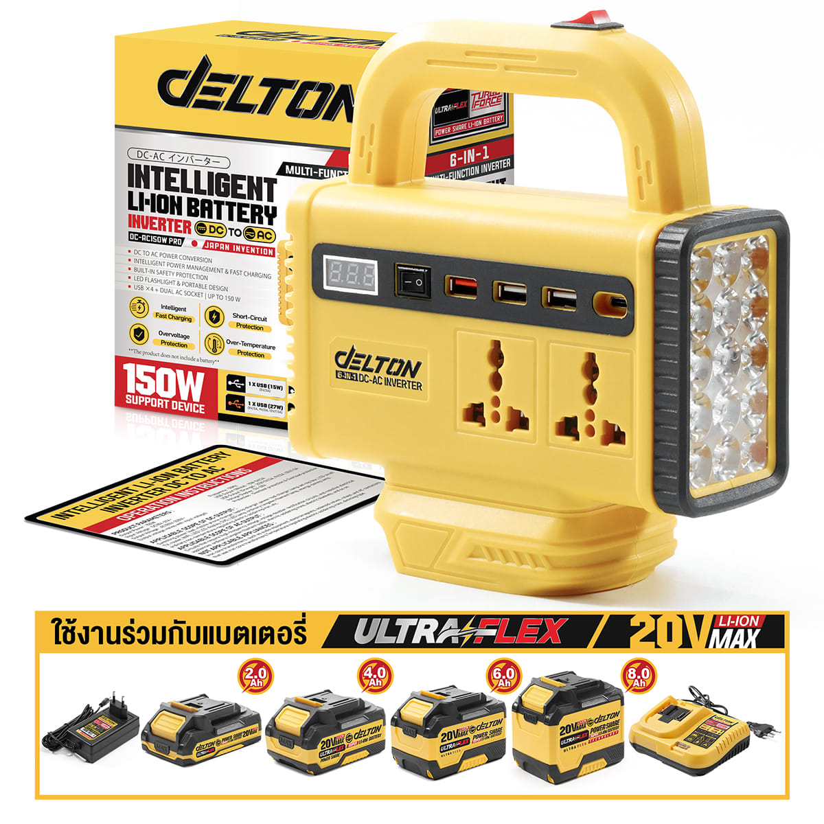 เครื่องแปลงไฟ (พร้อมแบตเตอรี่) DELTON รุ่น DC-AC150W-PRO ULTRAFLEX 20V 8AH_7